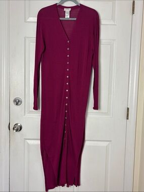 LEMAIRE Maxi-length V-neck cardigan dress in magenta viscose-linen jersey SIze S